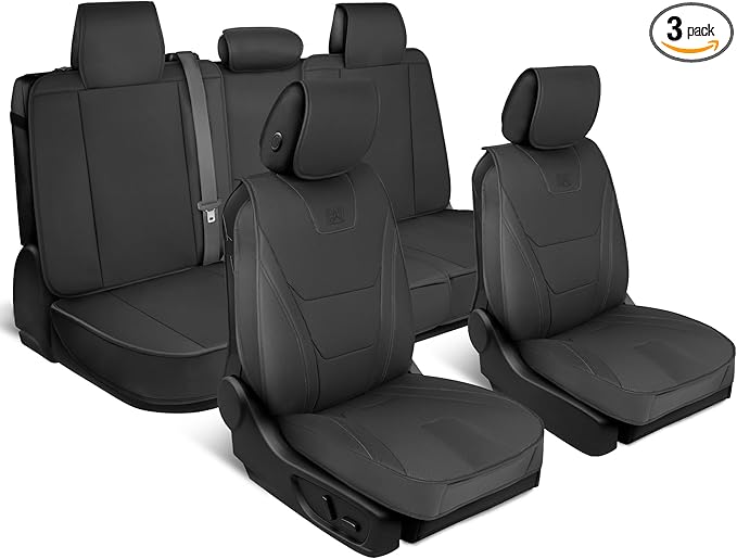 Cat® Edge Deluxe Faux Leather Car Seat Covers – Full Set (2 Front + 1 Rear Bench) – Semi-Custom Universal Fit, Two-Tone Black – Rugged Automotive Interior Covers for Cars, Trucks & SUVs