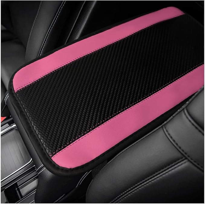 Car Center Console Pad, PU Leather Auto Armrest Seat Box Cover Protector, Comfortable Arm Rest Storage Box Mat for Vehicle Interior Protection, Universal Car Accessories (Carbon Fiber Pink)