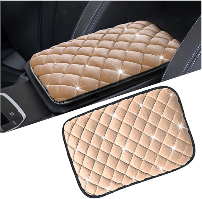 Mandark Bling Car Center Console Cover, Crystal Rhinestone Fluffy Automotive Armrest Seat Box Cushion Pad, Soft Comfortable Diamond Arm Rest Protection Mat, Universal Vehicle Accessories (Beige)