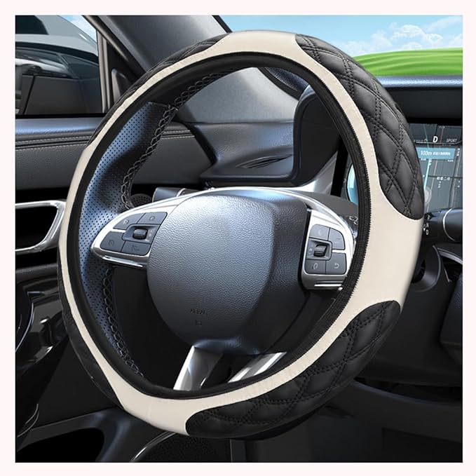 15 Inch Car Steering Wheel Covers with Double Colors,Non-Slip Leather Steering Wheel Cover for Protecting Steerings Wheels,Universal Cars Decorations Car Wheels Cover (White)