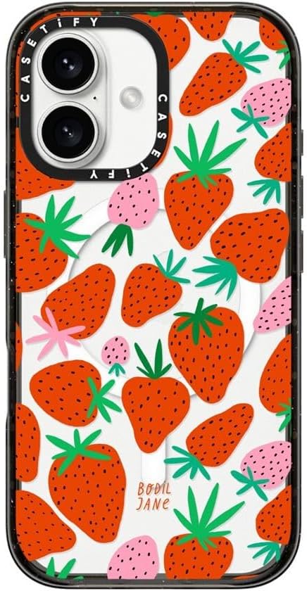 CASETiFY Impact Case for iPhone 16 [Slim / 8.2 ft. 4X Military Grade Drop Protection/Compatible with Magsafe] - Strawberries - Clear Black