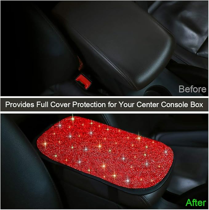 OTOSTAR Bling Bling Car Armrest Cover Luster Crystal Car Center Console Cover Protector Universal Auto Arm Rest Cushion Pads Car Interior Decor Accessories (Red)