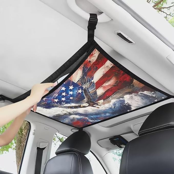 Car Roof Storage Bag USA Flag Eagle Hanging Car Storage Bag All Car Storage Organizers Large Capacity Can Hold Mobile Phone, Wallet