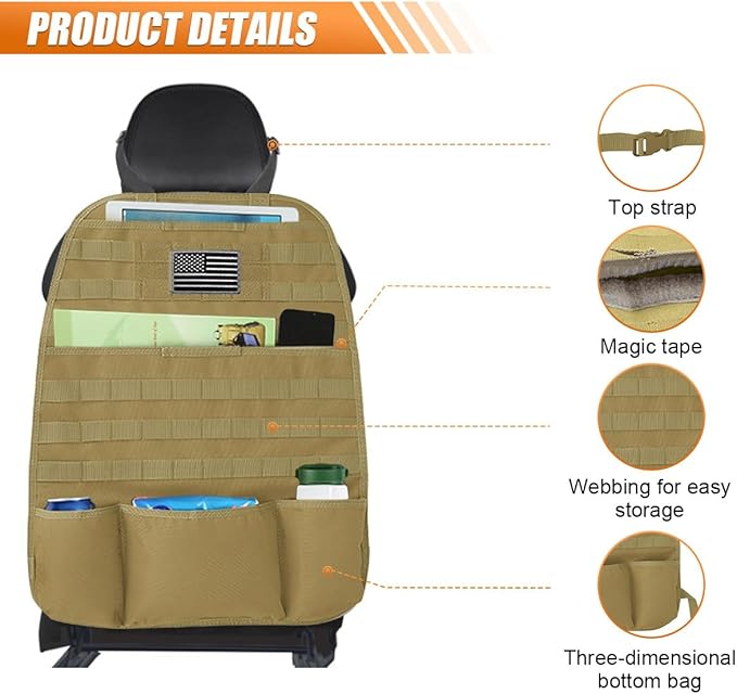 Tactical Molle Car Seat Back Organizer, Vehicle Panel Car Seat Back Cover Protector with 5 Storage Pouch, Universal Backseat Storage Organizer with USA Flag Patch for Car SUV Truck (Khaki-1 Pc)