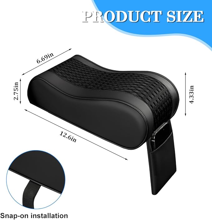 Car Armrest Cushion, Soft Memory Foam Leather Vehicle Armrest Pillow with Storage Bag, Multifunctional Automotive Interior Center Console Arm Rest Pad, Universal for Most Vehicles (Black)