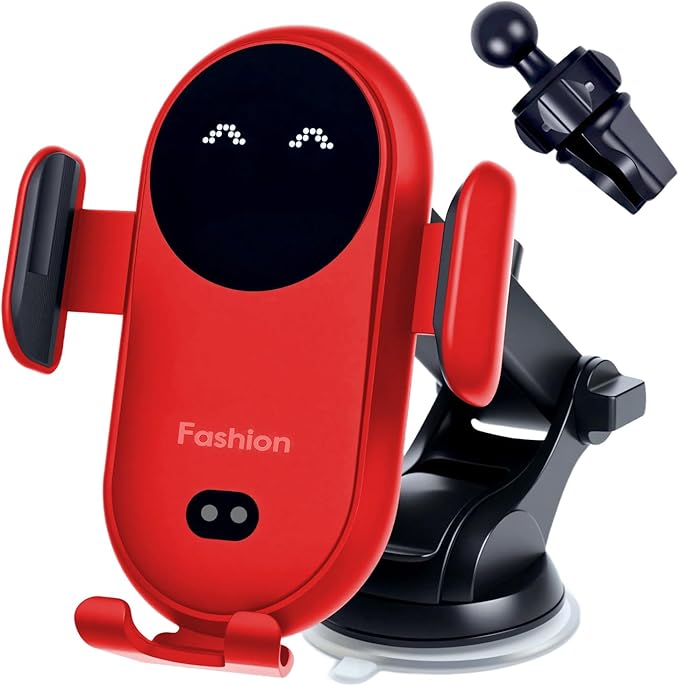 Wireless Car Charger, Auto-Clamping 3-in-1 Phone Mount - 15W/10W/7.5W Fast Charging Car Accessories Compatible with iPhone 16/15/14/13/12/11/Xs/XR, Samsung S23 Ultra/S22/S21/S20/S10+/S9(Red)