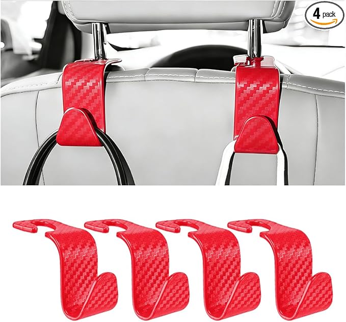 4PCS Car Seat Headrest Hook, Automotive Back Seat Storage Holder Hanger, Vehicle Interior Backseat Organizer Hanging Hook for Purse Handbag Grocery Bags, Universal Fit (Red)