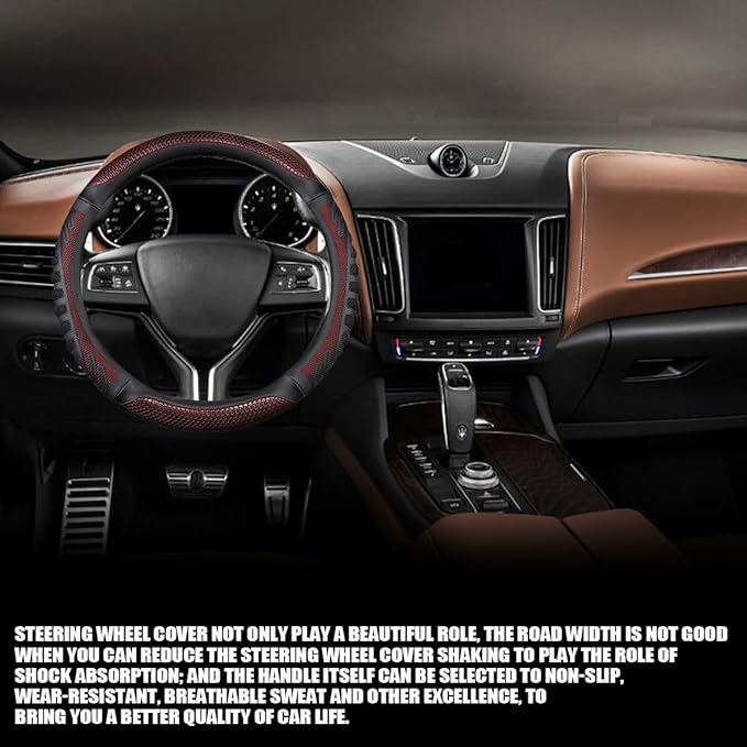 Car Steering Wheel Cover, Anti-Slip Leather Breathable Comfortable Automotive Steering Wheel Cover Protector Decoration for Men and Women, 15 Inch Universal for SUV, Truck, RV（Wine Red）