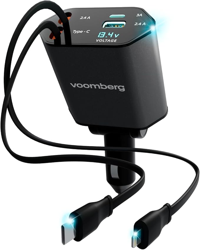 Retractable Fast Car Charger 100W for CarPlay, 4-in-1 Car Charger Adapter with 31.5" Built-in Cables & Dual USB Ports, Compatible with iPhone 11, 12,13,14,15,16,17 & Samsung Devices, Tablets and More