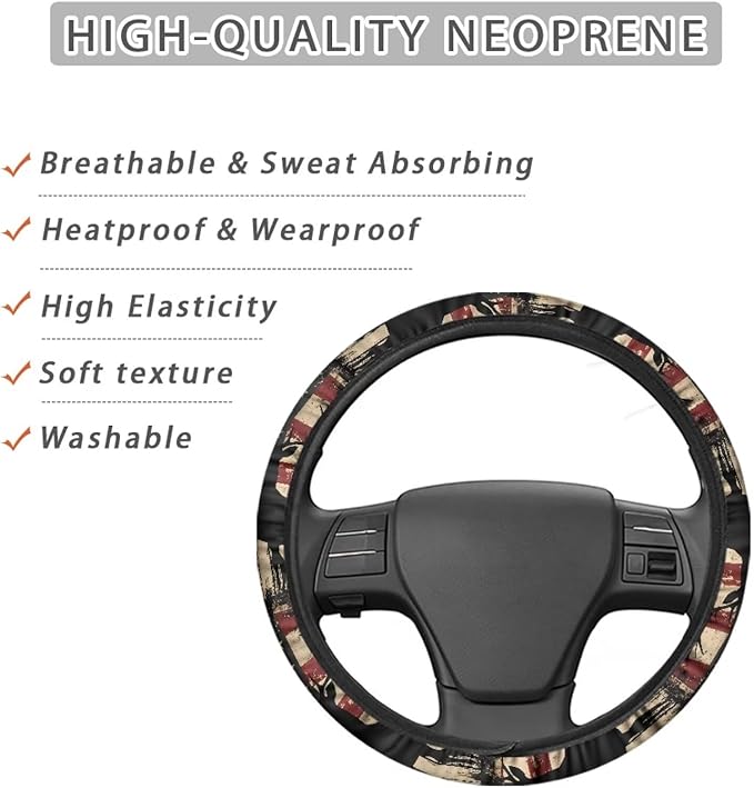 SEANATIVE Deer American Flag Car Steering Wheel Cover for Women Breathable Anti Slip Auto Steering Wheel Covers fit Standard Size 15inches