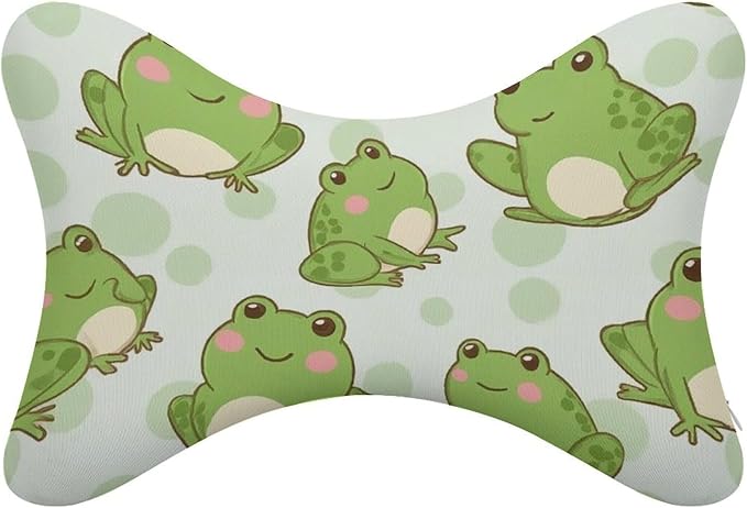 Car Pillow for Neck Pain Relief Support, Compatible with Cute Sitting Frog Memory Foam Car Neck Pillow for Car Seat with Adjustable Strap, 2 Pcs Car Headrest Pillow for Ergonomic Design