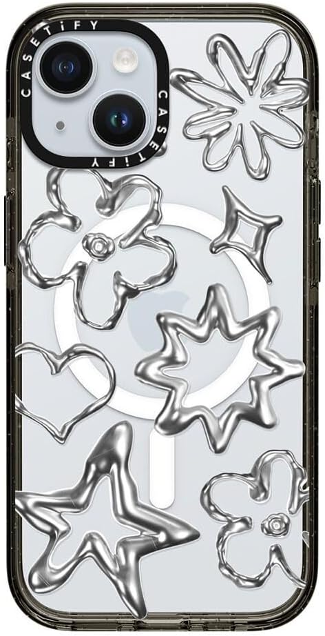 CASETiFY Impact iPhone 15 Case [4X Military Grade Drop Tested / 8.2ft Drop Protection/Compatible with Magsafe] - Chrome Doodles - Clear Black