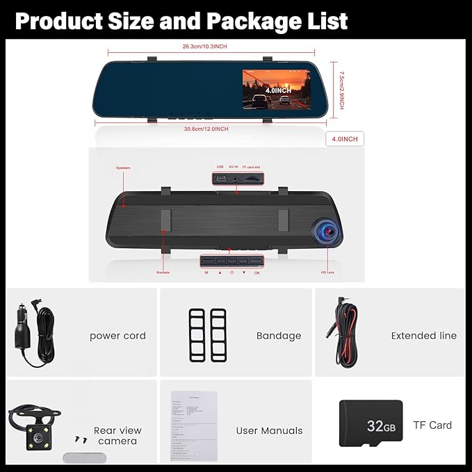UNITOPSCI Mirror Dash Cam 4 Inch Rear View Mirror Camera 1080P Front and Rear View Dual Cameras with 32G Card, Motion Detection, Night Vision, Parking Assistance, Loop Recording, 24H Parking Monitor