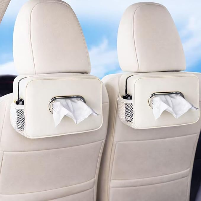 2 Pack Multi-Functional Car Tissue Holder with ‌2 Tuck Nets, Upgraded PU Leather Tissue Box Cover, Large Rectangle Napkin Storage Organizer, Keep Car Tidy, Beige