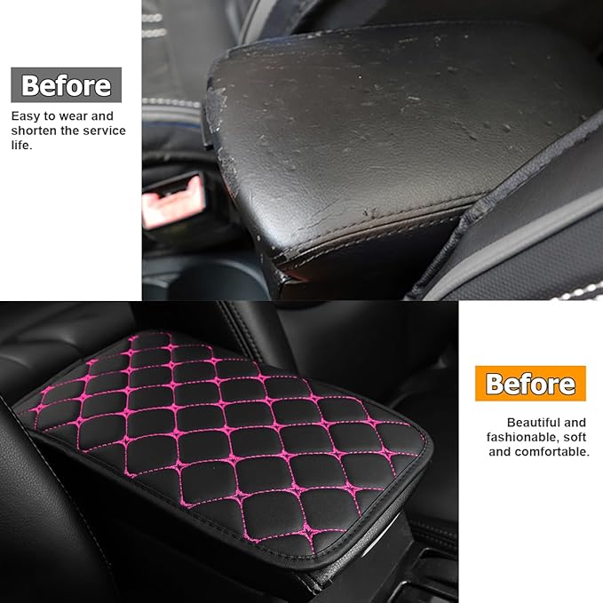 HZEL Car Center Console Cushion Pad, PU Leather Vehicle Armrest Protection Cover, Waterproof Automotive Interior Arm Rest Seat Box Mat Accessories, Universal for SUV, Sedan, Truck (Black/Rose Red)