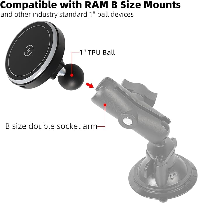 15W Magnetic Wireless Charging Phone Holder for RAM Mounts, 1" (25mm) Ball Mount for Magsafe iPhone 17/16/15/14/13/12 Series, Compatible with RAM B Size Double Socket Arm