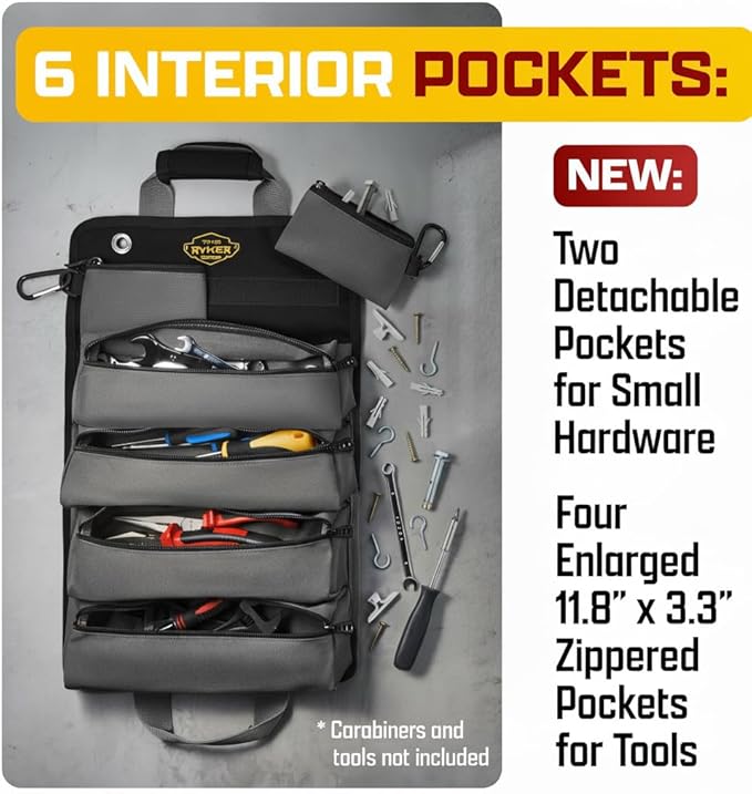 The Ryker Roll Up Tool Bag Organizer Gifts for Dad. Heavy Duty Motorcycle Tool Roll Bag Organizer. Portable Rollup Toolbag w/Detachable Pouches - Tools Bags Mens gifts for him/Mechanic (Black)