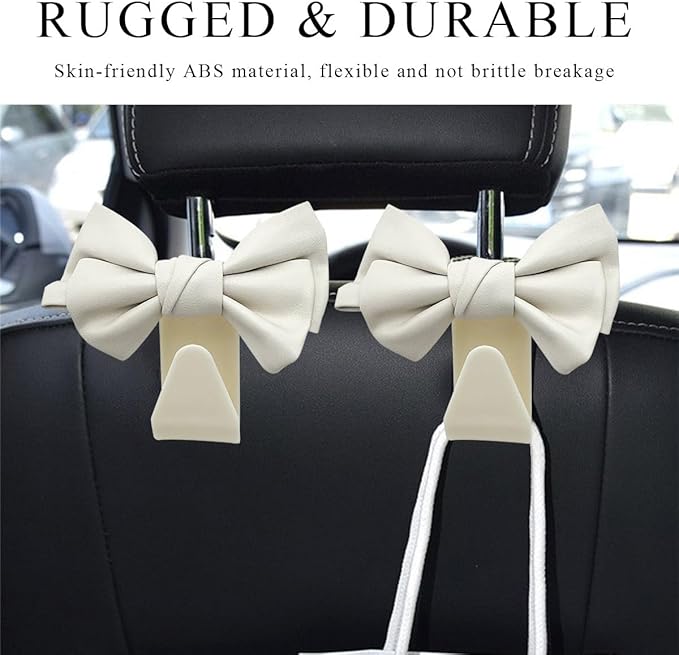2PCS Purse Holder for Car Hooks, Cute Bow Car Seat Headrest Hooks Handbag Hanger, Bow Knot Auto Back Seat Organizer Storage Hook for Purse Bags Umbrellas, Car Accessories (White)