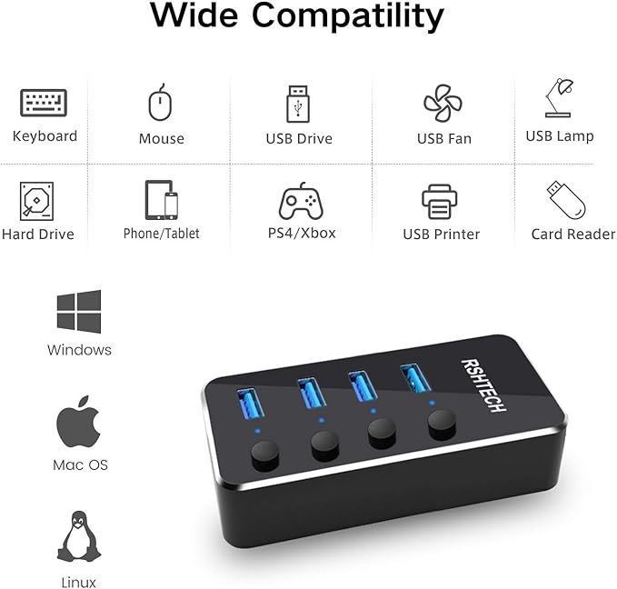 Powered USB Hub, RSHTECH 4 Port USB 3.0 Hub Splitter Portable Aluminum USB Data Hub Expander with Individual On/Off Switch and Universal 5V AC Adapter, 3.3ft USB 3.0 Cable (RSH-516)