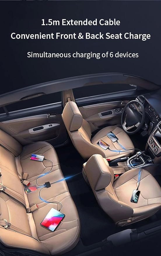 5FT Cable 115W 6-Port Multiport Car Charger, Cigarette Lighter USB Splitter PD 36W, QC3.0 USB C A Fast Charging,Back Seat Charging, Car Travel Essentials for Road Trips