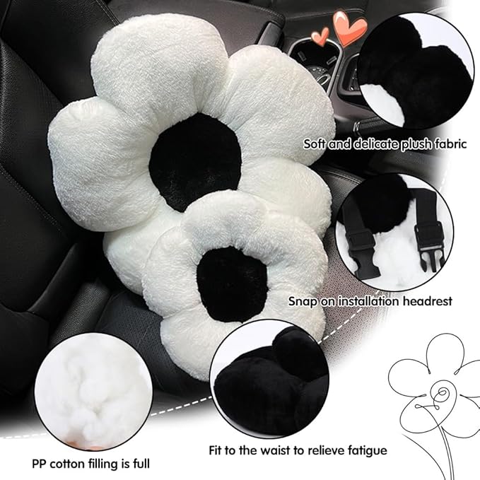 4 Pack Plush Flower Car Headrest Pillow and Lumbar Support Pillow Soft Comfortable Car Headrest Pillow Cute Car Accessories for Car Driving Cute Neck Pillows for Driving Car Decor