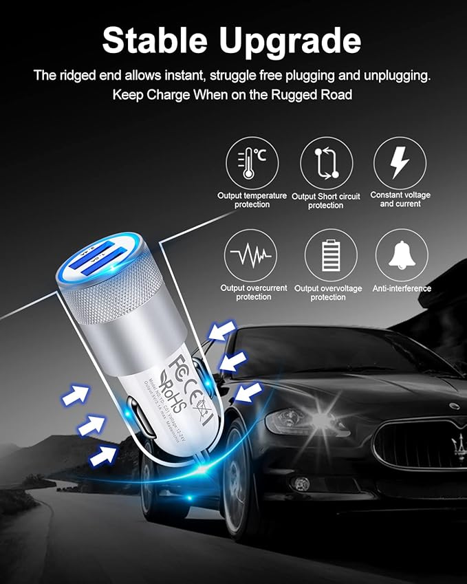 Car Charger, AILKIN 3.4a Portable Dual Port USB Cargador Carro Fit Lighter Spot Socket Adapter for iPhone 17 16E 16 15 14 13 Pro Max Plus, iPad, Tablet, Samsung Galaxy S25 Ultra Cigarette Auto Charger