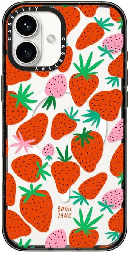CASETiFY Impact Case for iPhone 16 Plus [Slim / 8.2 ft. 4X Military Grade Drop Protection/Compatible with Magsafe] - Strawberries - Clear Black
