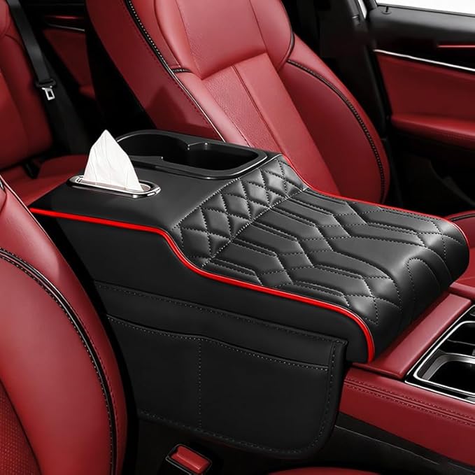 Upgraded Car Center Console Cover,PU Leather Car Armrest Cover Cushion Contains High Elasticity Sponge with 2 Storage Bags Tissue Box (Black RED-B)