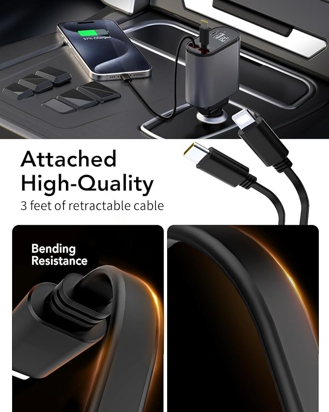 Retractable Car Charger Adapter for iPhone 17,4 in 1 Fast Charging Car Phone Charger,69W USB C Car Truck Accessories,Road Trip Essentials Gift for Men Women for iPhone 17/16/15/14/13/12,Galaxy S25