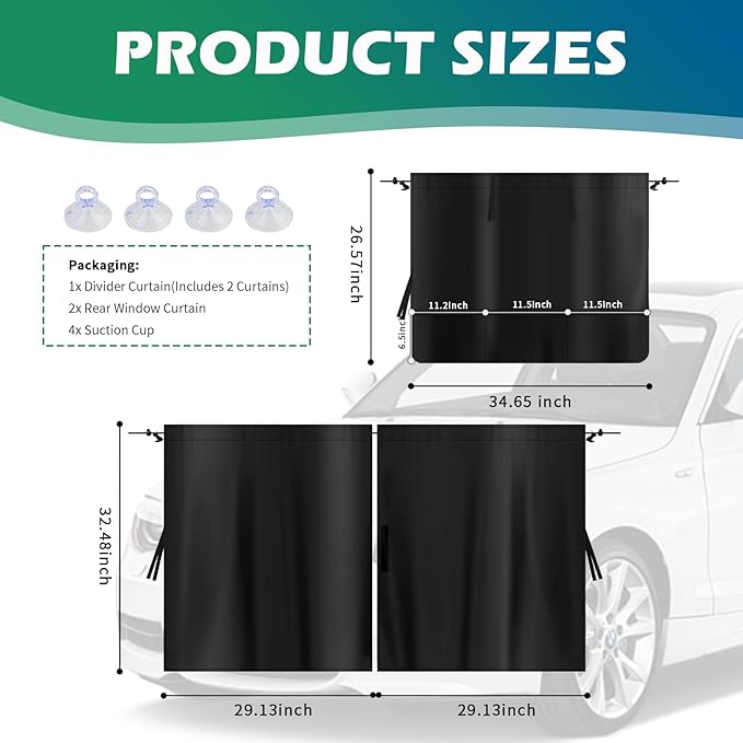 2PCS Rear Car Window Shades+1PC Car Privacy Curtains Kit,Upgraded Window Shade for Cars with 3 Mesh Storage Pockets,Summer Essentials Insulated Windows Cars Shades for Most Vehicle (Storage Pockets)