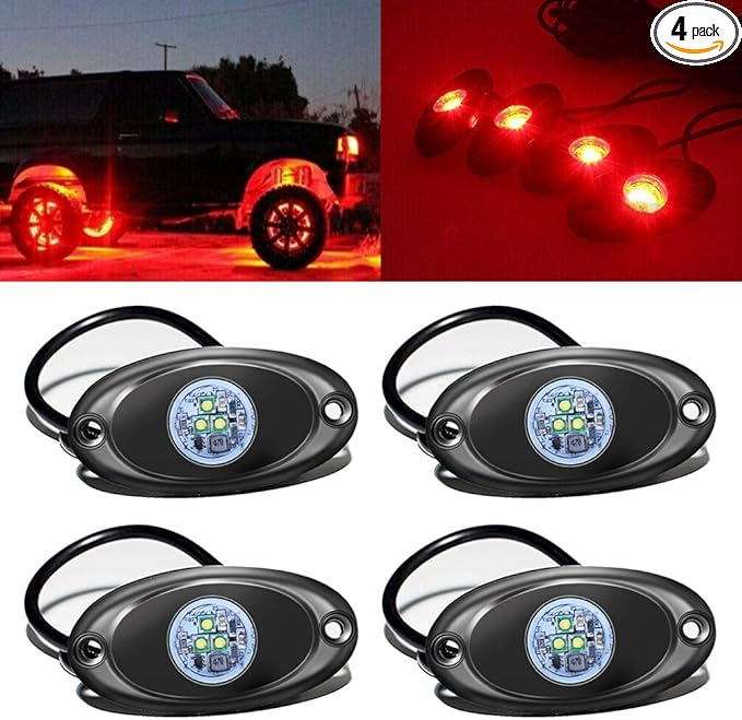 4 Pods LED Rock Light for Jeep ATV SUV Offroad Car Truck Boat Underbody Glow Trail Rig Lamp Underglow LED Neon Lights Waterproof 12V 24V - Red