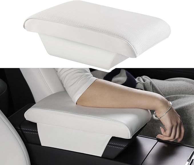 TPARTS Leather Armrest Support Cushion for All Tesla Model Y/3/X/S Tesla Armrest Decor Interior Accessories Memory Foam Console Pillow Elbow Rest Cover Pad (White)