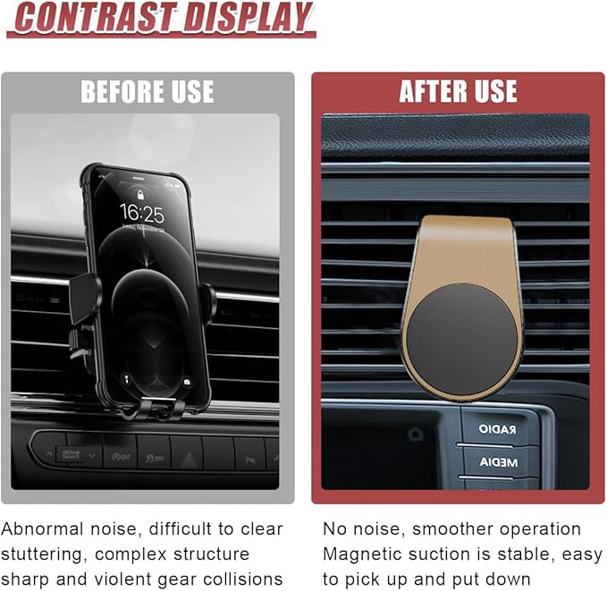 YoRise Magnetic Car Phone Holder, L Type 360° Rotatable Adjustable Car Air Vent Cellphone Mount, No-Hand Clip-On Navigation Bracket, Universal Vehicle Smartphones Stand Accessories (Gold)