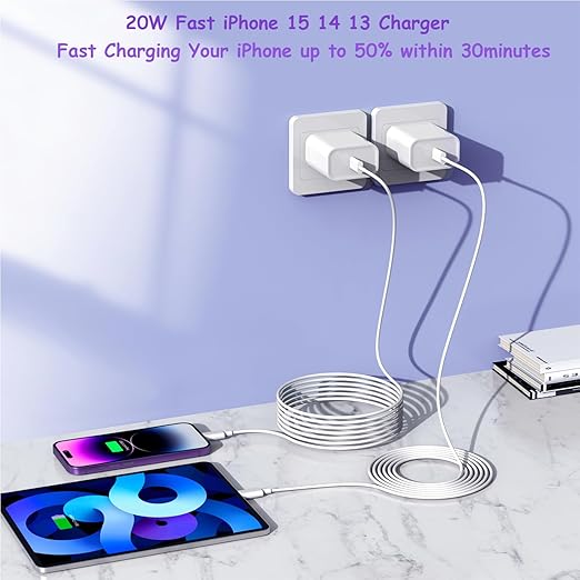 Extra Long 10FT iPhone Fast Charger,i Phone Charger Fast Charging【MFi Certified】2Pack 20W PD Fast USB C Charger Block + 10Foot i Phone Charging Cable Cord for iPhone 15/14/13/12/11/XS/XR/SE2022/8/iPad