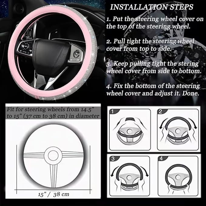 Steering Wheel Cover Women Pink Bling Diamond Steering Wheel Cover, Leather Cute Steering Wheel Covers with Crystal Rhinestones, Breathable, Anti-Slip Universal Fit 14.5-15 Inch Bling Car Accessories