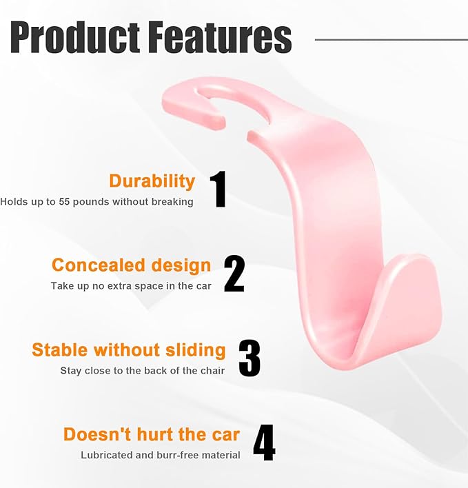 Ziciner 4 PCS Car Seat Headrest Hooks, Backseat Hangers Storage Organizer, Universal Car Accessories for Purse Grocery Bags Coats (Light Pink)
