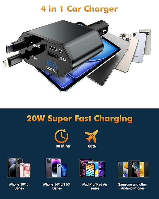 Retractable Car Charger,66W 4 in 1 iPhone 16 15 Car Charger Adapter with 2 Retractable iPhone ChargerCables(USB C & Lightning),2 USB Ports(USB C & USB A) for iPhone 16 15 14 13 12 11,iPad Pro Air Mini