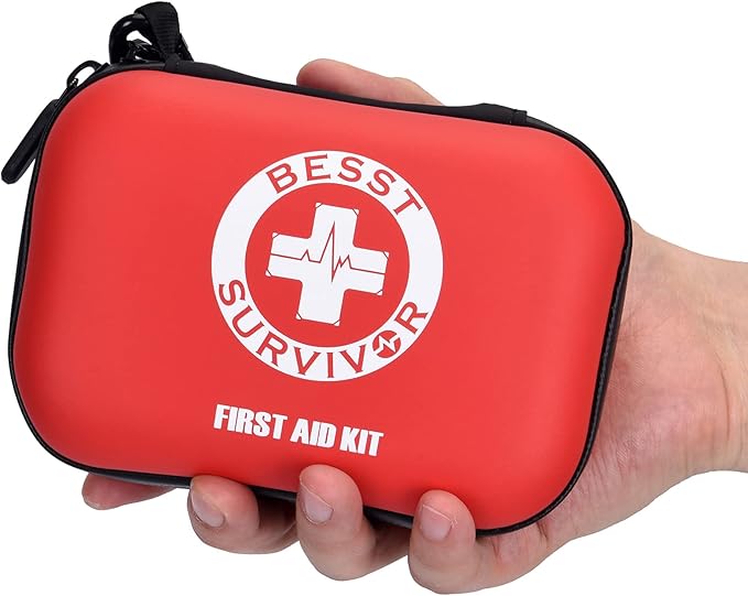 Besst Survivor Mini First Aid Kit -Small Waterproof Hard Shell Medical Kit with Compartments for Camping, Hiking, Car, Home, Office, School - Vehicle & Outdoor Emergency Medical Kit (Red)