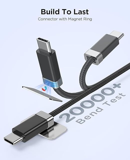Magtame USB A to USB C Cable 5FT, StayCable with Built-in Magnetic Holder for Nightstand/Desk/Car, Type C Fast Charging Anti-Fall Cord with 2 Adhesive Metal Plates, Braid USB Data Cable for iPhone 17