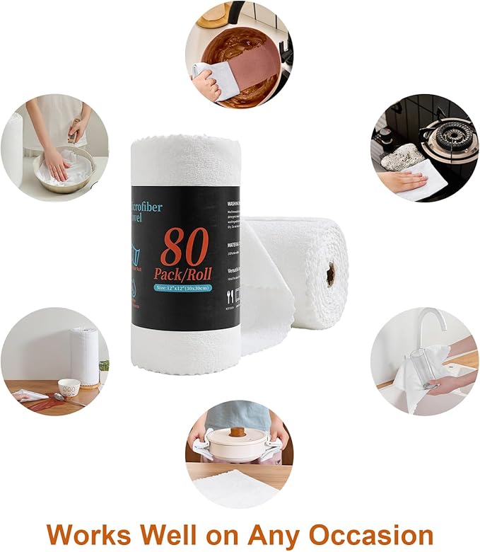 80 Pack Microfiber Cleaning Cloth Roll,Lint Free Rags & Tear Away Reusable Towels Washable Scratch,Ultra Absorbent Dish Rags(12" x 12") for Car Kitchen Home Garage-White