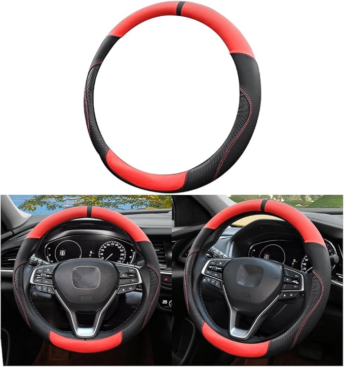Mandark Car Steering Wheel Cover, 15 Inchs Microfiber Leather Non-Slip Vehicle Steering Wheel Protector, Breathable Auto Interior Protection Accessories, Universal for SUV Sedan Truck (Black/Red-B)