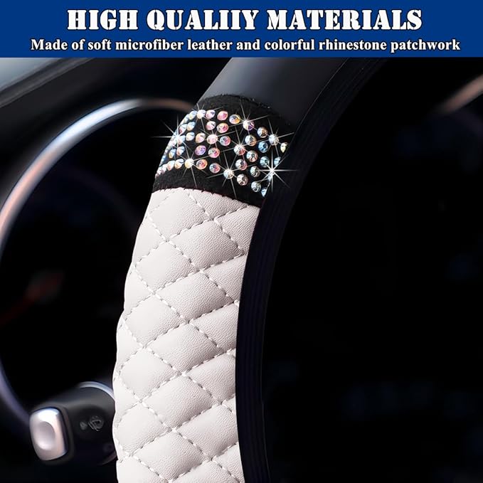 Soft Leather Car Steering Wheel Cover, Universal 15 Inch Colorful Rhinestones Anti-Slip Elastic Steering Wheel Covers for Most Cars, Sparkly Crystal Diamond for Women Girls (White)