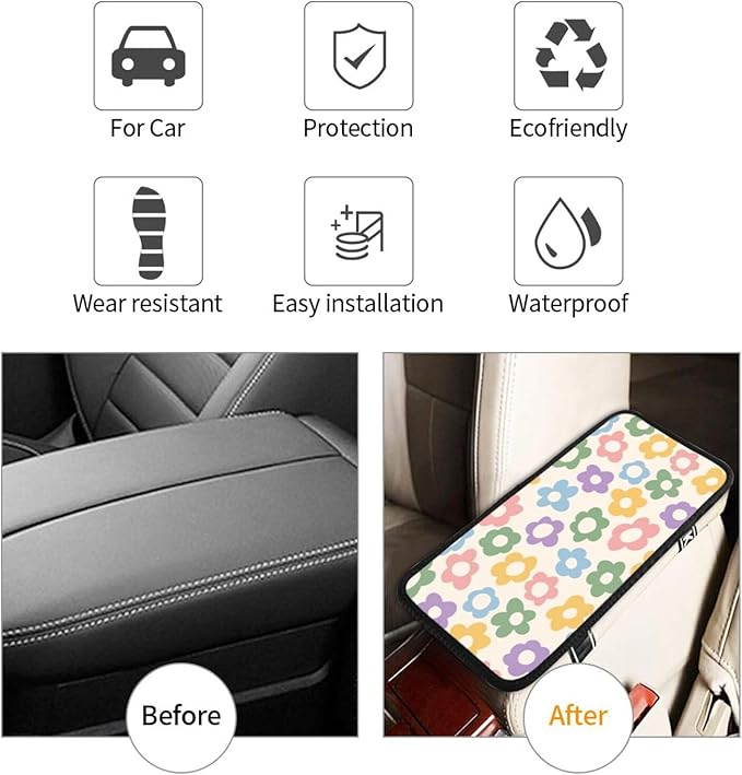 Vintage Groovy Flowers Cute Auto Center Console Cover Pad Car Armrest Seat Box Cover Cushion Universal for Most Vehicle SUV Truck Car Accessories Decor