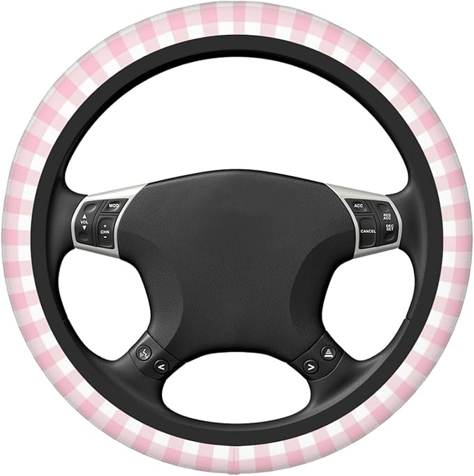 Thickened Elastic Steering Wheel Cover, Girly Pastel Pink Gingham Plaid Ultra, Soft, Breathable, Fit for Cars, SUVs, Trucks, Stylish Comfortable Grip