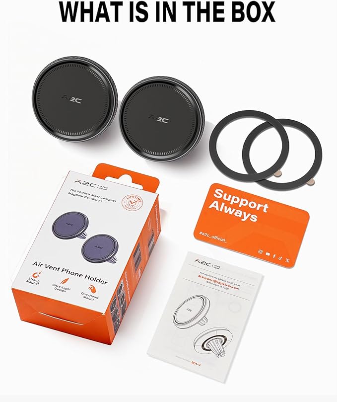 A2C 2 Pack Slim Magnetic Phone Holder for Car, Rental Car Essentials for Travel, No Assembly, Compact, One-Hand Operation, Easy Removal, Reusable, Upgraded Air Vent Phone Mount Compatible with MagSafe