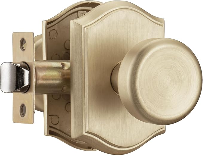 Interior Pismo Doorknobs for Hall, Gold Door Knobs with Camelot Trim, Satin Brass Door Knob with Lock