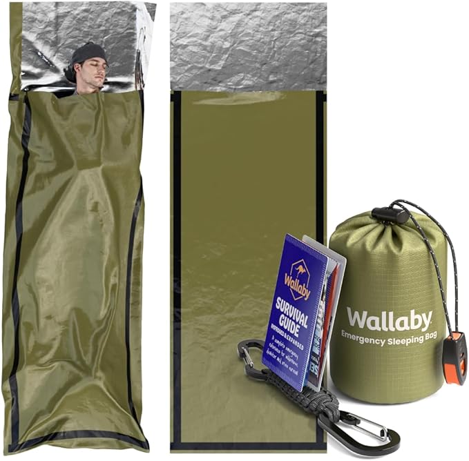 Wallaby 2-Pack Emergency Mylar Sleeping Bags with Nylon Pouches, Whistle Pull & Paracord with Carabiners, Free Survival Guide