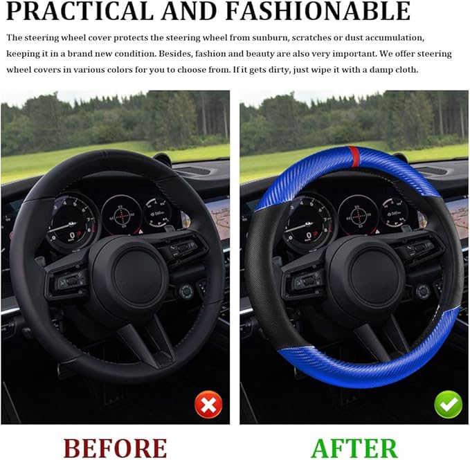 Car Steering Wheel Cover, Steering Wheel Accessories, 15 Inch Microfiber Leather Carbon Fiber Soft Anti-Slip Breathable, Car Accessories Elastic Non-Slip Cover for Most Vehicles (Blue)
