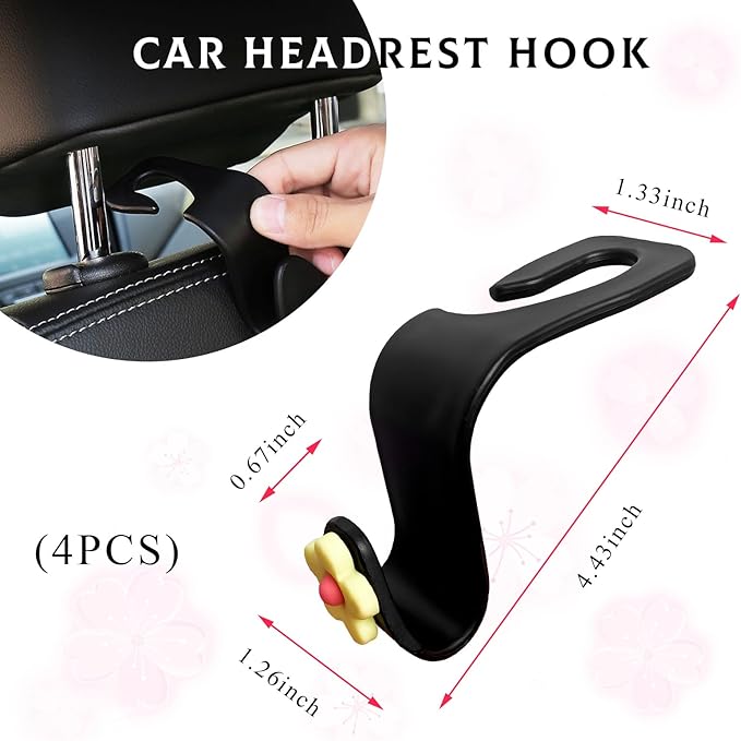 4 PCS Car Seat Headrest Hook, Plastic Headrest Hooks with Adhesive Flower, Auto Back Seat Hanger Storage Hook for Grocery Bag Purse Handbag Umbrella, Car Accessories (Light Yellow)