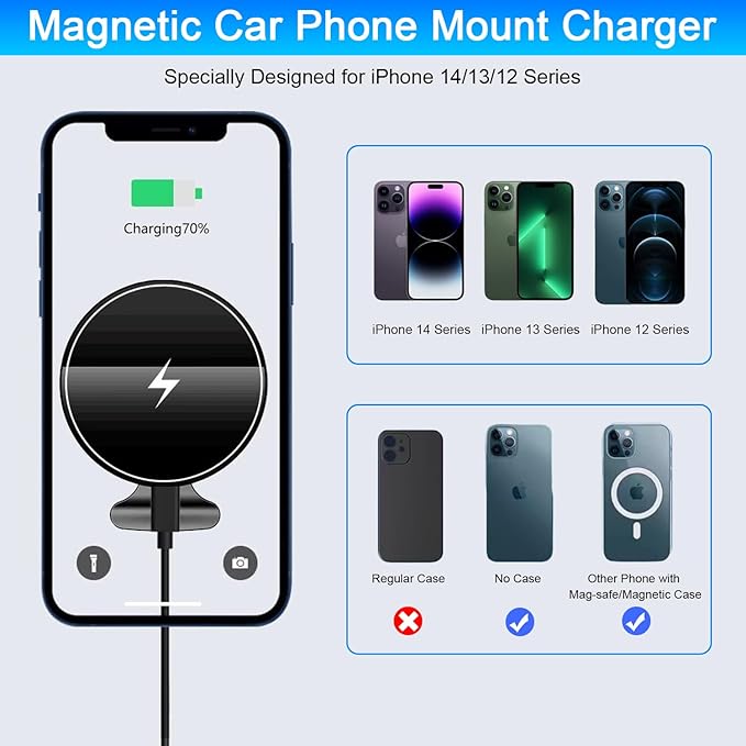 Magnetic Wireless Car Charger Mount,Compatible with MagSafe Car Charger,15W Fast Charging Air Vent Car Phone Holder for iPhone 16 15 14 13 Pro Max Plus MagSafe,Car Accessories(with 60W Car Adapter)